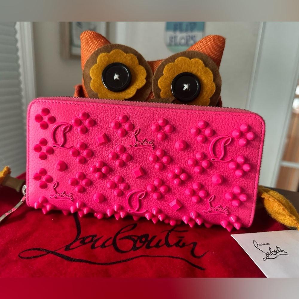 Christian Louboutin RARE COLOR Neon Pink Studded Wallet zippy Card Holder